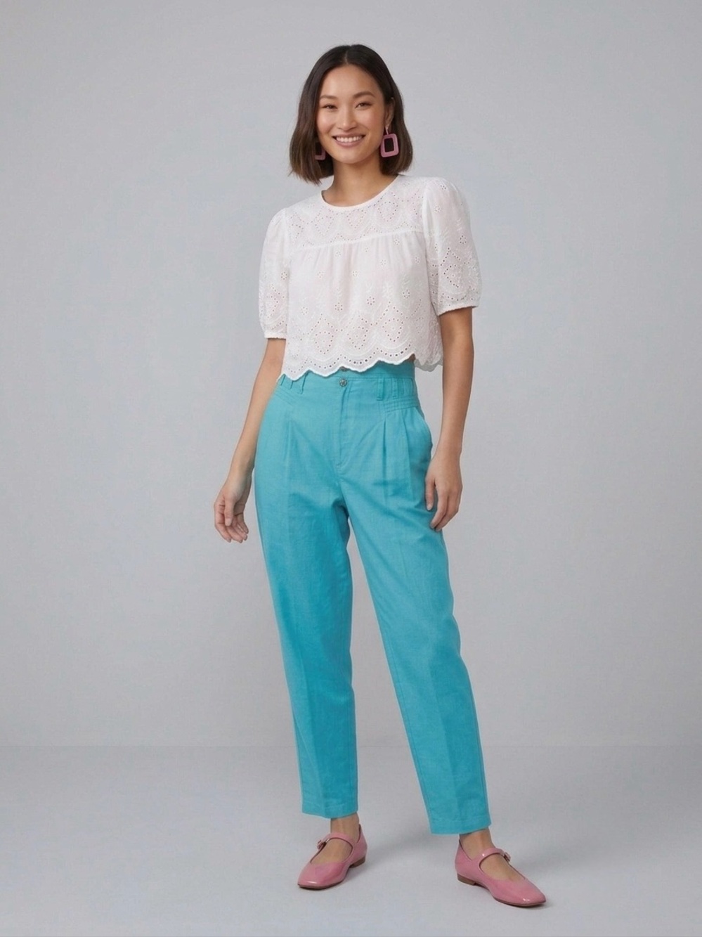 Vintage 80s Cherokee High Waist Pleated Tapered Pants Turquoise Aqua Sz 13 USA - Picture 2 of 14
